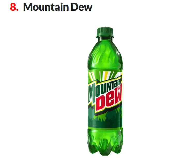 螢光色系的 Mountain Dew，除了高糖，還富含咖啡因，對新陳代謝造成雙重打擊。Walmart。
