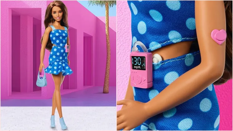 糖友芭比身上佩戴了連續血糖監測儀（CGM）、腰間掛著胰島素幫浦，手上拿著可同步顯示血糖數據的智慧型手機。翻攝自美泰兒IG