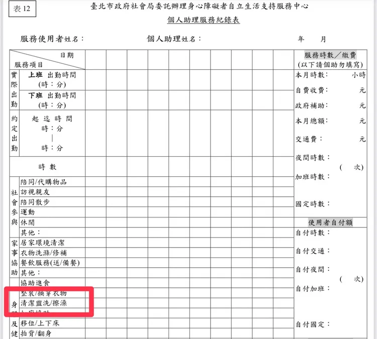 北市個助服務表單僅剩「清潔盥洗／擦澡」可勾選。劉于濟提供