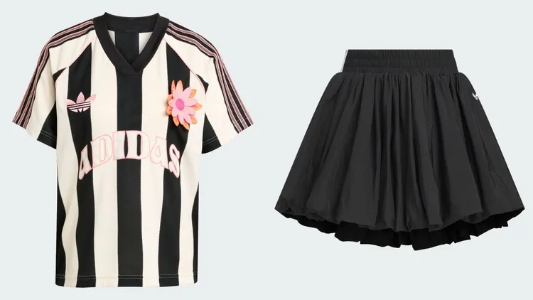 adidas Originals條紋鉤織球衣（左）2690元、泡泡半身裙（右）2490元。品牌提供