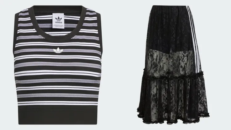 adidas Originals條紋背心（左）1490元、黑蕾絲魚尾裙（右）3090元。品牌提供