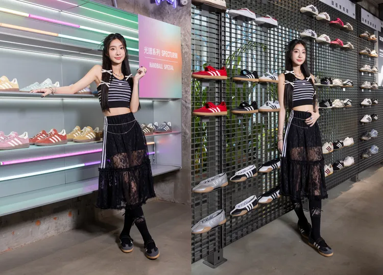 陳華以黑色條紋背心搭配蕾絲魚尾裙現身，展現混搭時髦的Y2K風格。品牌提供