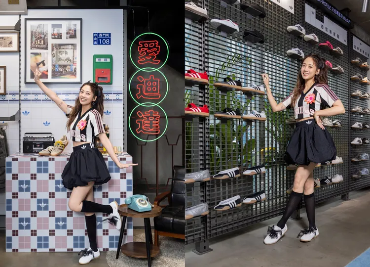 吳映潔以黑白條紋球衣搭配黑色泡泡裙，自認化身為「足球甜心」。品牌提供