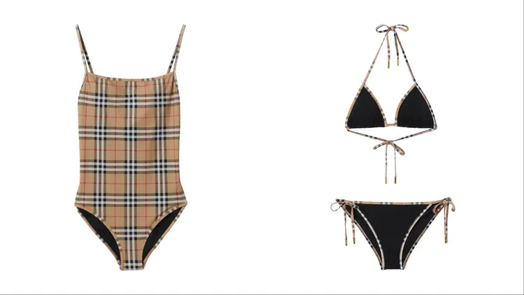 Burberry典藏米色格紋泳裝（左）1萬9500元、Burberry黑色格紋飾邊三角比基尼 （右）1萬8200元。品牌提供