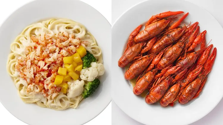 「芒果x小龍蝦系列」有蒜香小龍蝦（右）、香椰白醬芒果小龍蝦麵（左）。IKEA提供