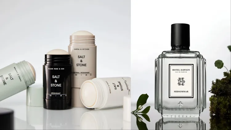 SALT & STONE天然體香膏迷你四件組（左）28g／1380元、Hotel Dawson輕奢淡香精（右）20ml／1280元。品牌提供