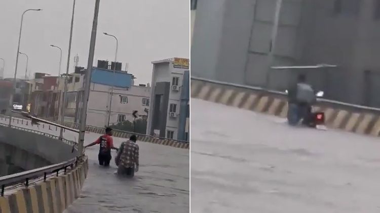 高架橋竟變游泳池「淹水到大腿」　印度暴雨創造奇景