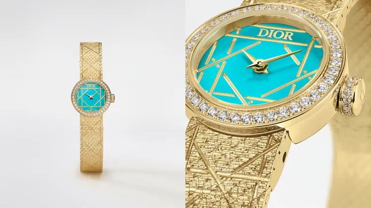 LA D MY DIOR 18K金搭配綠松石色彩漆面盤鑲鑽腕錶，19mm，18K金錶殼，綠松石色彩漆面盤，18K金錶帶飾以手工鐫刻緞面紋理與籐格紋，防水深度30米，限量20只，145萬元。品牌提供