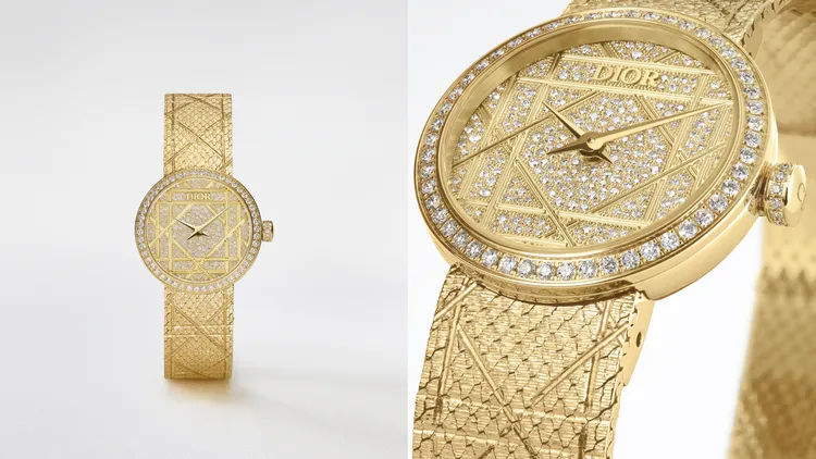 LA D MY DIOR 18K金搭配滿鑽面盤腕錶，25mm，18K金錶殼，面盤鑲嵌282顆鑽石，18K金錶帶飾以手工鐫刻緞面紋理與籐格紋，石英機芯，防水深度30米，未定價。品牌提供