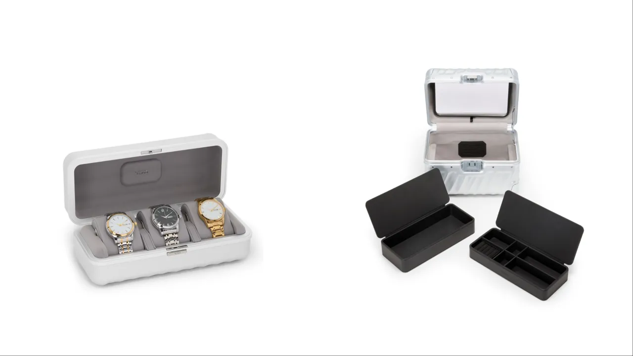TUMI 19 Degree Aluminum Watch Travel Case鋁合金旅行手錶盒(左)2萬1800元、19 Degree Aluminum Train Case 鋁合金化妝箱(右)6萬1500元。品牌提供