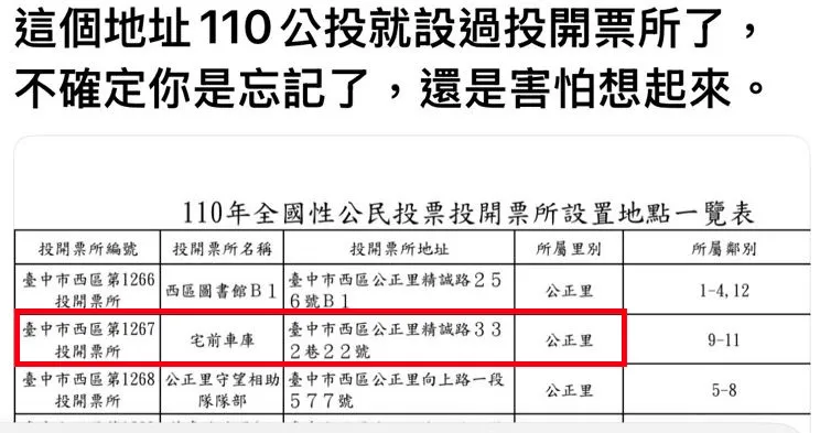 有人貼出過去公民投票的投開票所地點，與這次罷免案相同。翻攝Threads