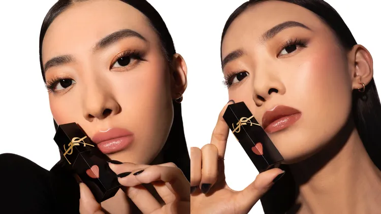 YSL奢華印記唇釉微醺茶色，#443（左圖）、#442（右圖），1650元。品牌提供