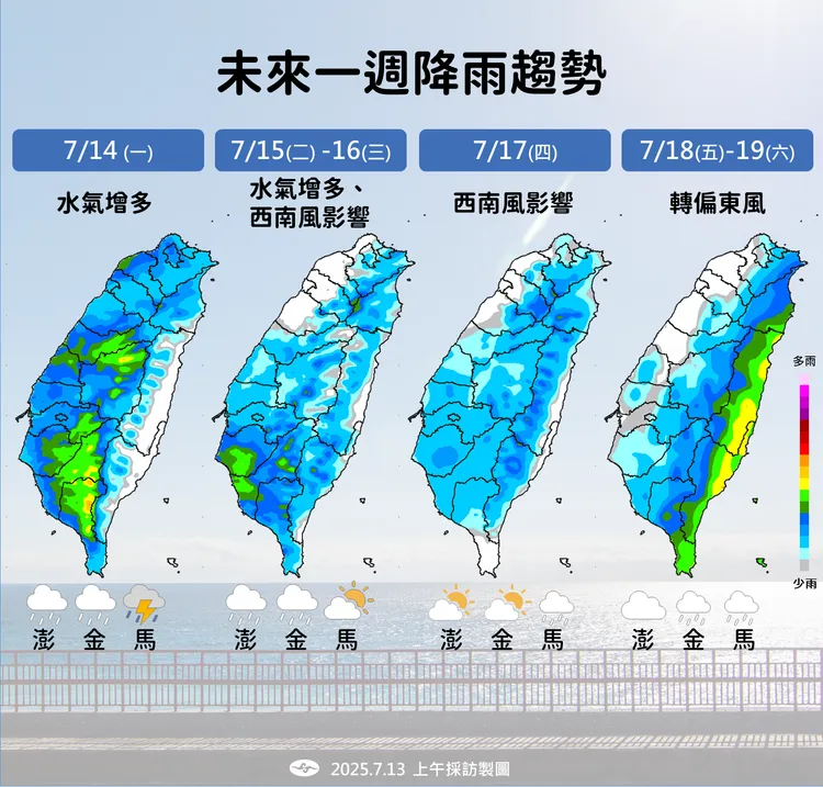 未來（14日至19日）降雨趨勢。中央氣象署提供