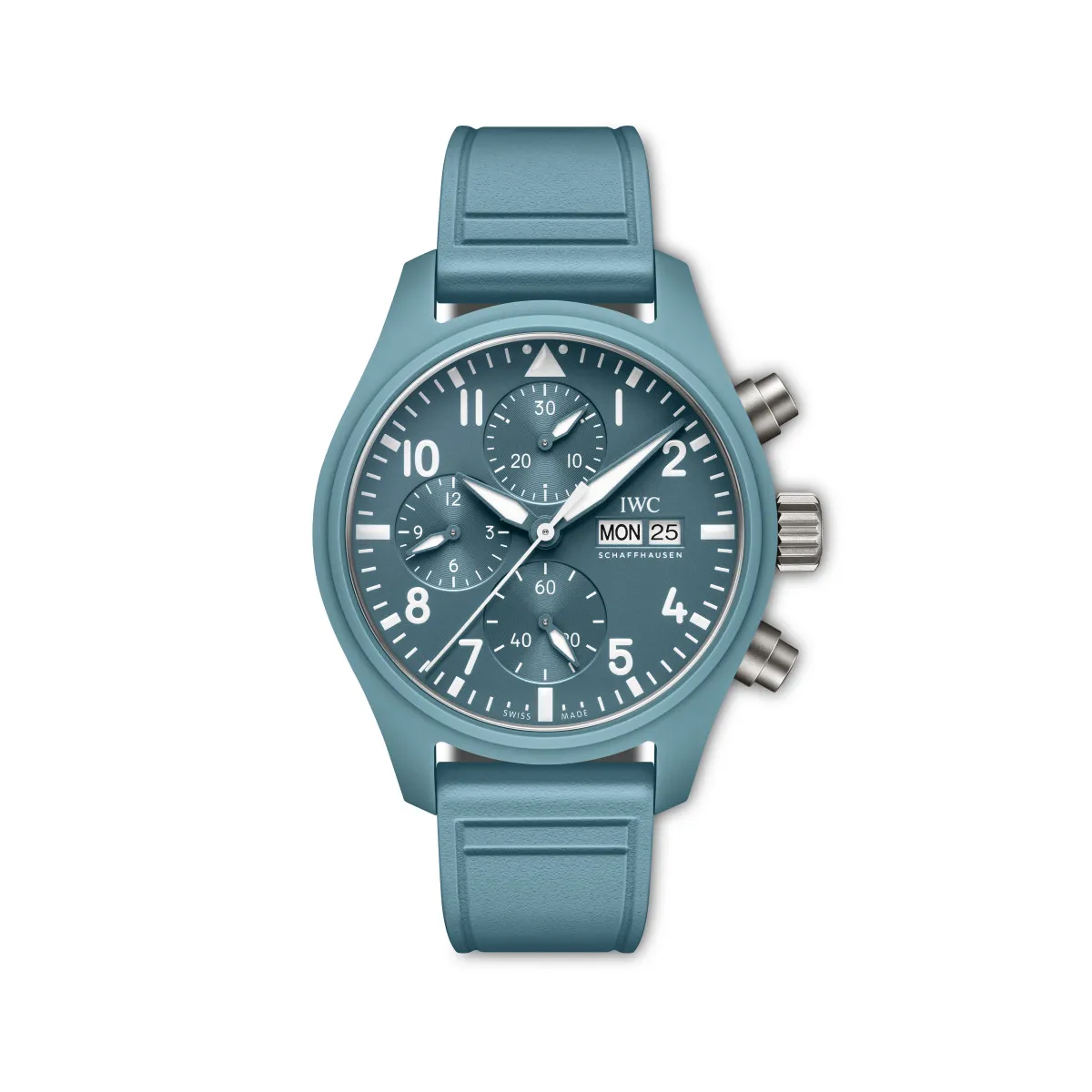 IWC飛行員系列TOP GUN海軍空戰部隊計時腕錶41「Miramar」特別版,41.9mm,淺藍色陶瓷錶殼,藍色錶盤,藍色橡膠錶帶配鈦金屬針扣,IWC萬國錶自製69380型機芯 ,動力儲存46小時,防水深度100米,限量1000只。