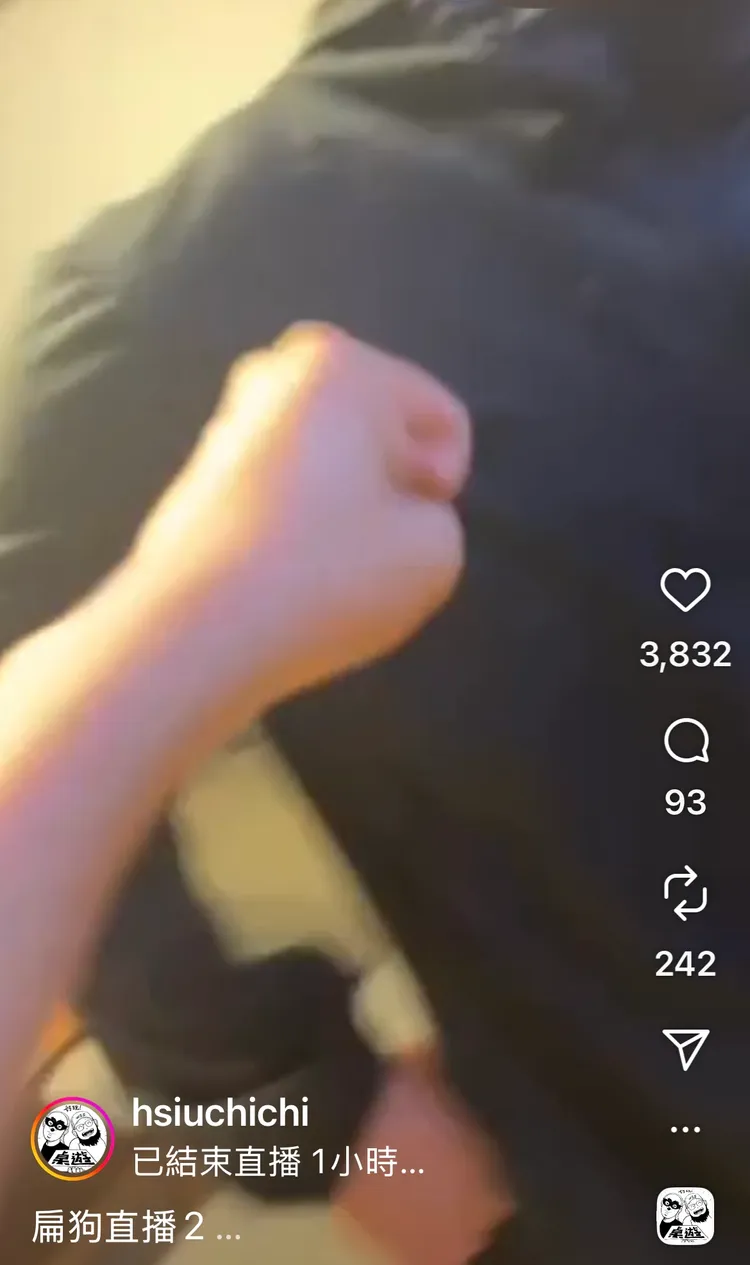 修齊對狗柏胸口揮拳，軟綿綿的宛如打情罵俏。翻攝IG