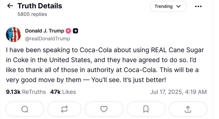 川普在社群平台發文，感謝可口可樂同意更改配方。翻攝TruthSocial@DonaldTrump