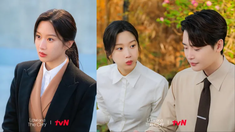 文佳煐（左、右圖左）在劇中大多以正裝造型亮相。翻攝tvN Asia IG