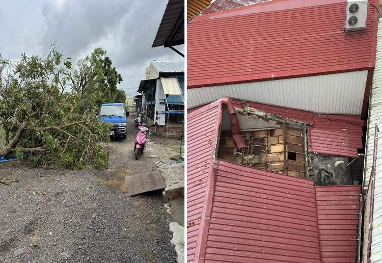 丹娜絲颱風過後，林姓老闆位於西港區的養雞場(左)，及隔壁鄰居家屋頂的災損情形。林姓老闆授權提供