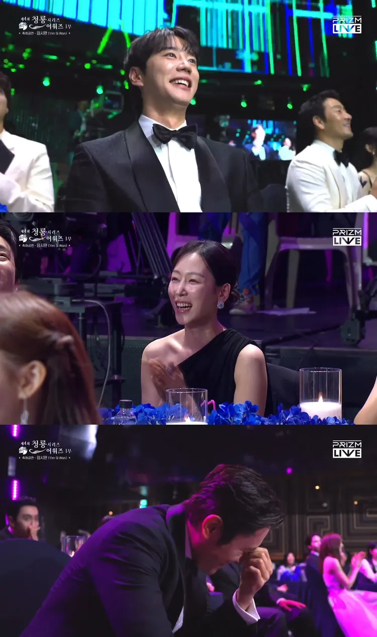 任時完大跳李濬榮（上圖）、徐玄振、李秉憲的舞蹈，3人看到螢幕上自己的舞姿害羞大笑。翻攝PRIZM