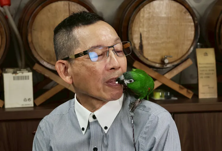 大黑松小倆口總經理邱義榮24年前開始飼養寵物紅肩鸚鵡「邱小咆」。莊宗達攝