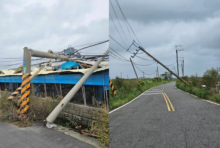 七股龍山里聯外道路電線桿倒一排，迄今仍未復電，儲水也快用光。王俊傑提供