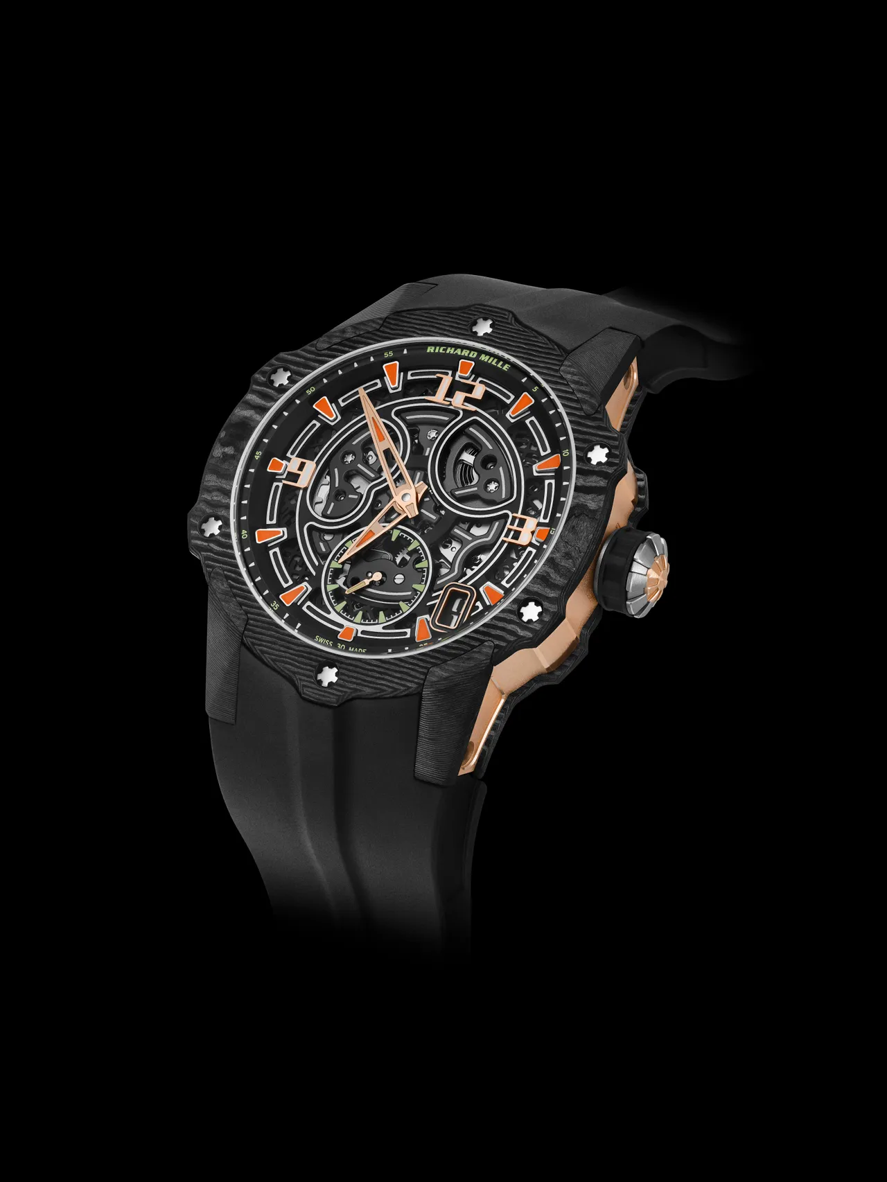 RICHARD MILLE RM 33-03自动上链腕表,41.70mm,Carbon TPT碳纤维配5N红金表壳,RMXP3镂空自动上链机芯,动力储存约42小时,防水深度30米。品牌提供