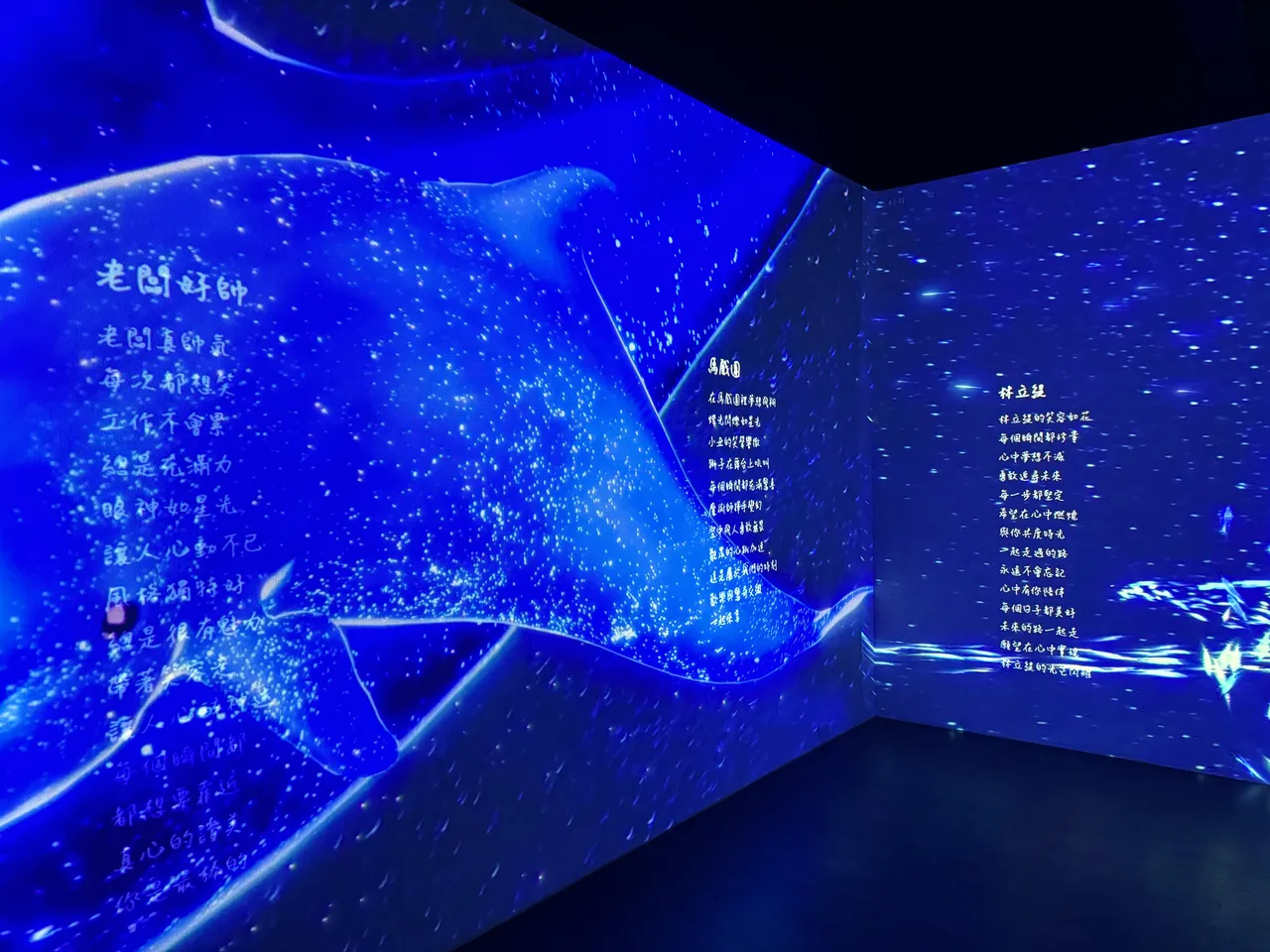 基地內「創作異世界」空間,訪客的歌詞會投射在牆上,與鯨魚、星海視覺共舞。張綵茜攝