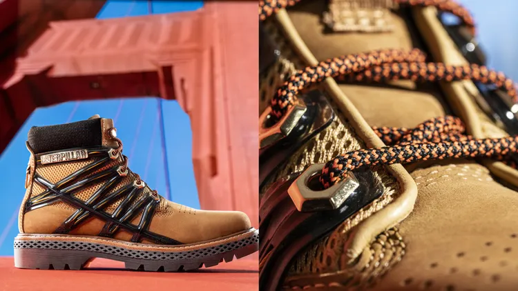 「金門大橋紀念靴」鞋身上交錯線條與橘黑色鞋帶，呼應金門大橋的鋼骨結構與纜線。品牌提供