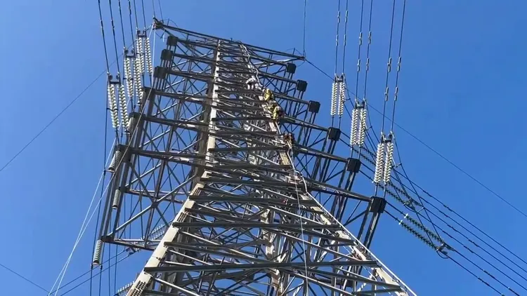 四名特搜人員冒險攀爬至60公尺高的電塔上。翻攝畫面