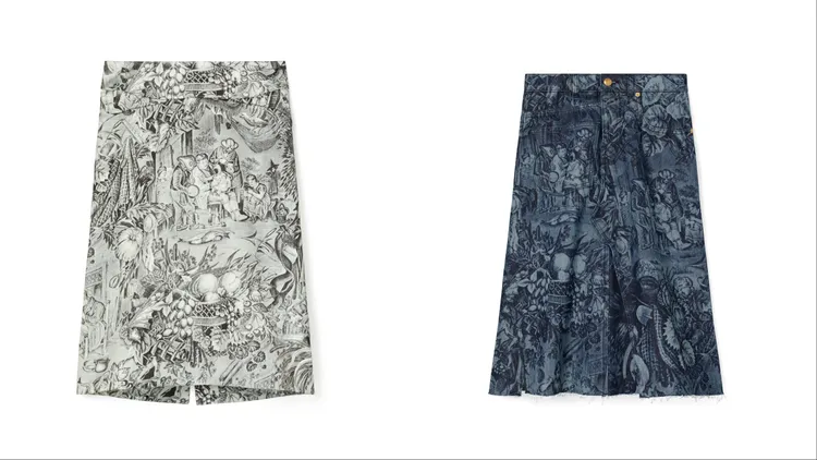 TORY BURCH印花嫘縈半身裙（左）2萬5600元、印花結構設計牛仔裙（右）1萬6200元。品牌提供