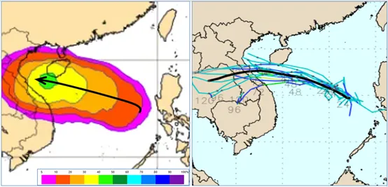吳德榮指出，歐洲系集模式(ECMWF)模擬顯示，28、29日南海的「熱帶擾動」緩慢發展，成颱機率略調高至50% (左圖)。系集平均(粗黑)路徑偏西北西，動向似「劍魚」，個別模擬則分散兩側、強度偏弱(右圖，取自weathernerds)。