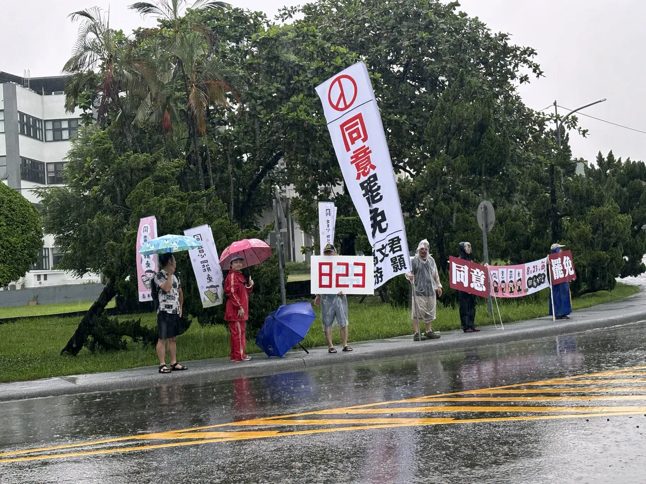 南投罢团志工冒雨在街头举牌,呼吁选民投下「同意罢免」。罢团提供