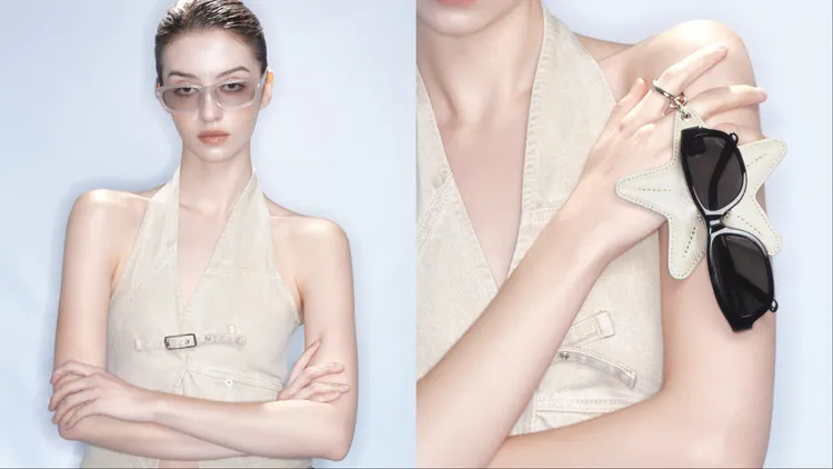 Curved Glow太陽眼鏡融合了方框與流線型護目鏡元素，可以作為頭飾配戴。品牌提供