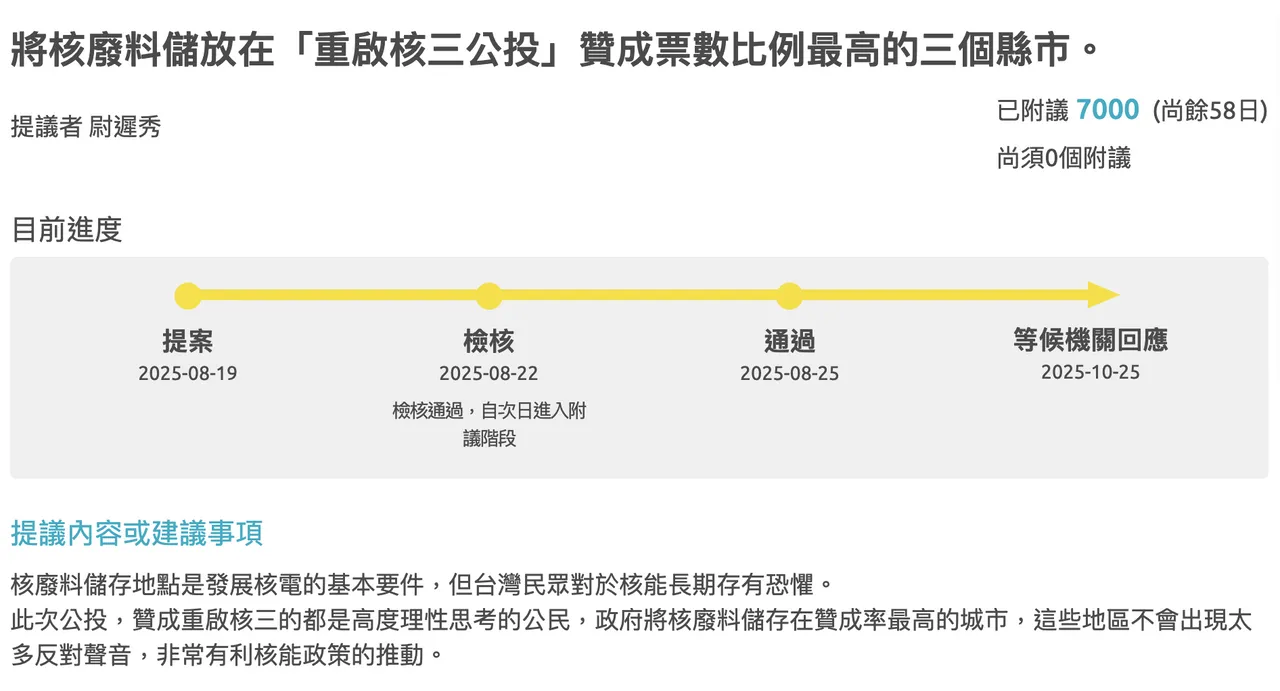 民眾提案將核廢料儲放在「重啟核三公投」贊成票數比例最高的三個縣市。翻攝自公共政策網路參與平台
