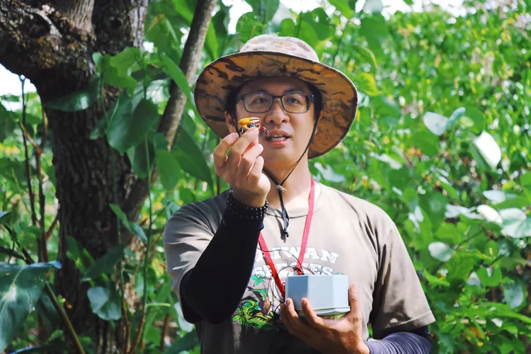 公視主持人周俊廷老師以生動台語介紹觀音山豐富生態。館方提供