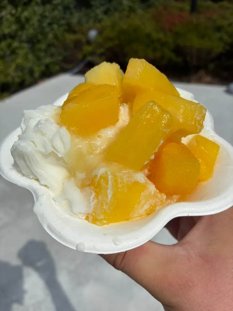 網友透露台灣Tech館販售的刨冰因為芒果缺貨，只吃得到鳳梨，不過雪花冰口感蓬鬆美味。翻攝自X @piyo2_expo2025