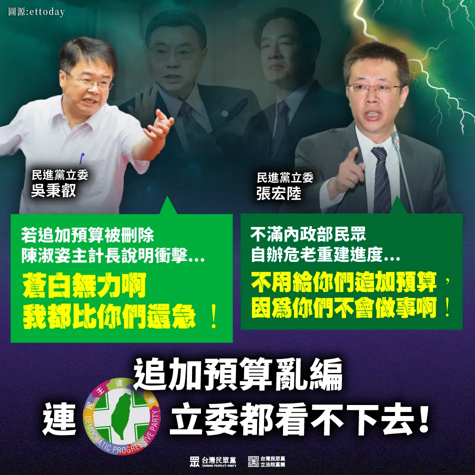 民众党团批追加预算乱编,连民进党立委都看不下去。翻摄自台湾民众党立法院党团脸书