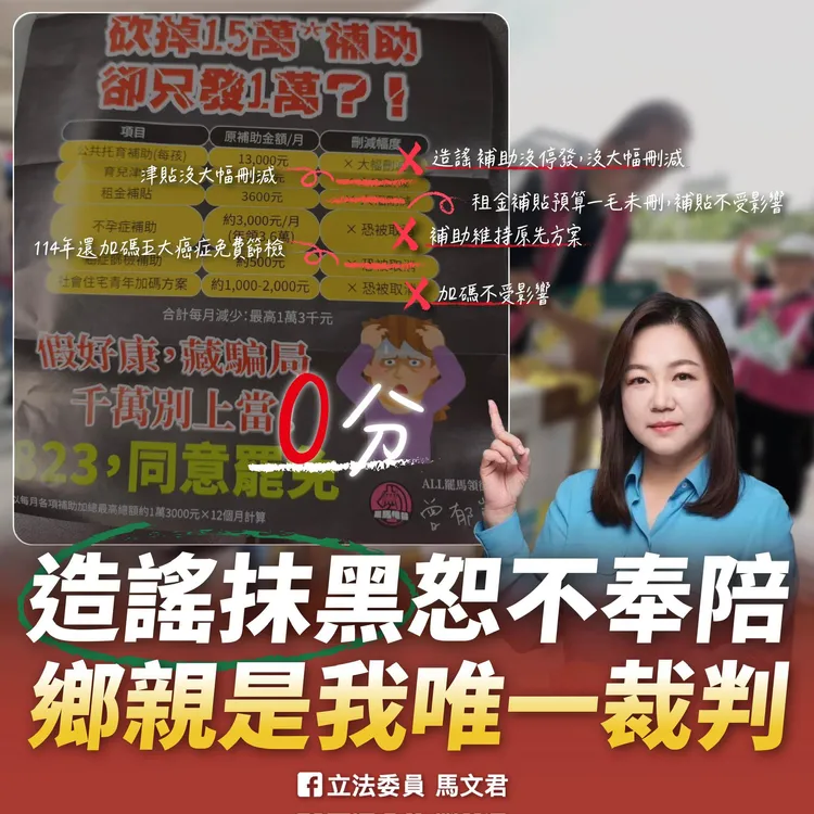 馬文君在臉書發文解釋不出席說明會的原因，並一一駁斥刪補助謠言。翻攝馬文君臉書