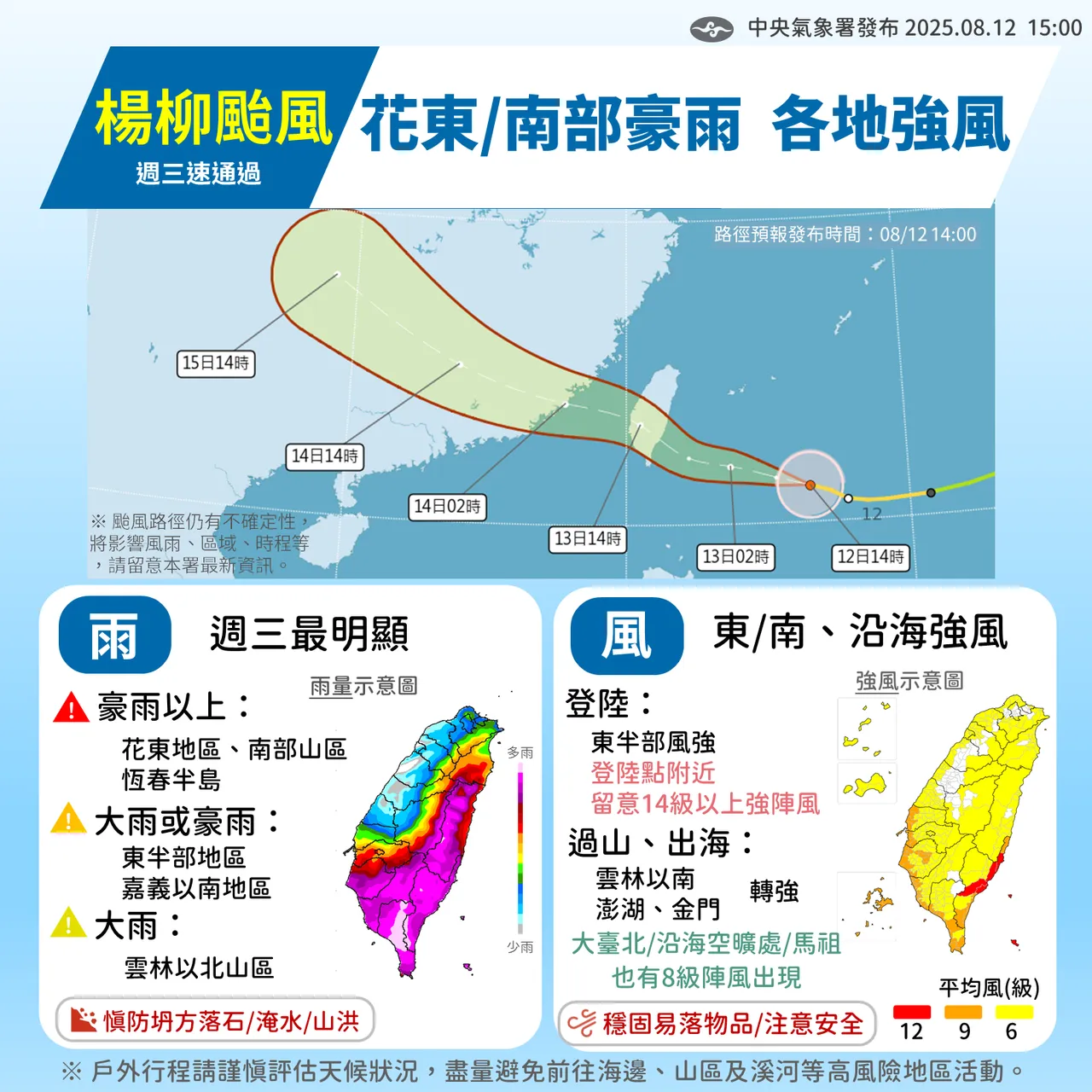 杨柳台风的风雨预报。中央气象署