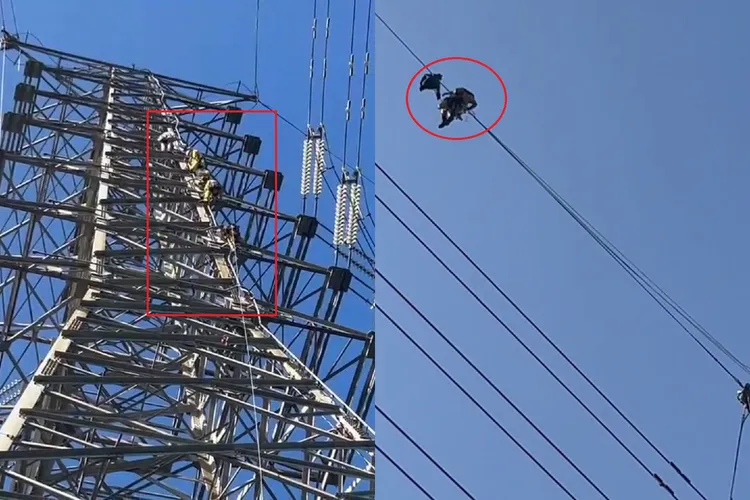 泰籍移工懸掛在台電高壓電塔電線，4名特搜人員爬上高壓電塔將人解下。合成畫面