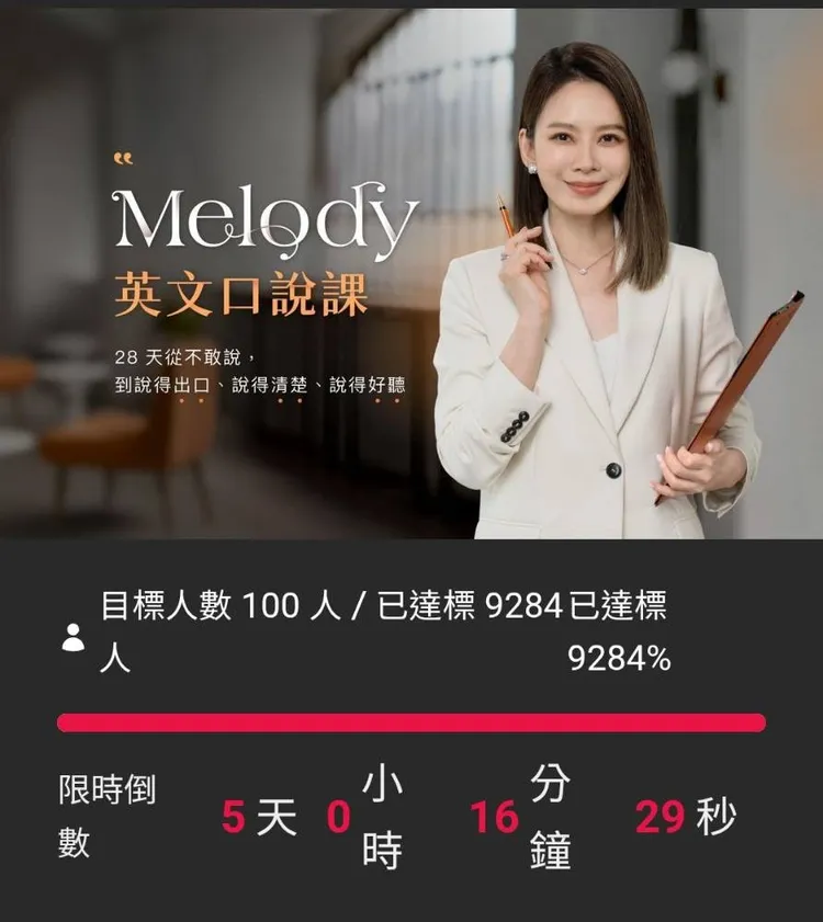 Melody的英文課程，目前已有9284人報名。翻攝Melody臉書