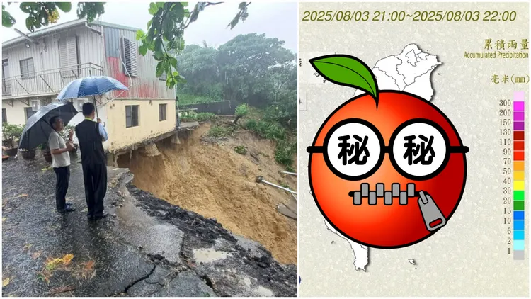 左圖為台南柳營區旭山里一處民宅2日發生邊坡土石滑落，緊急撤離住戶8人（柳營區公所提供）。右圖為鄭明典PO出昨21至22時的時雨量圖。