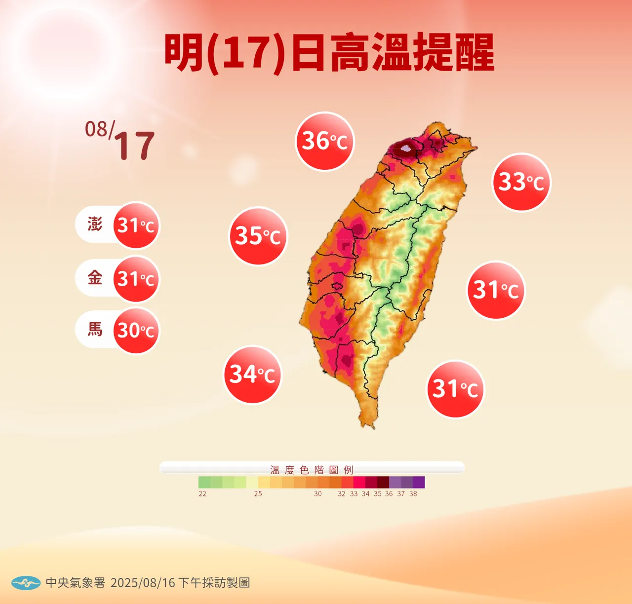 明(17日)全台各地高溫為30至36度。氣象署提供