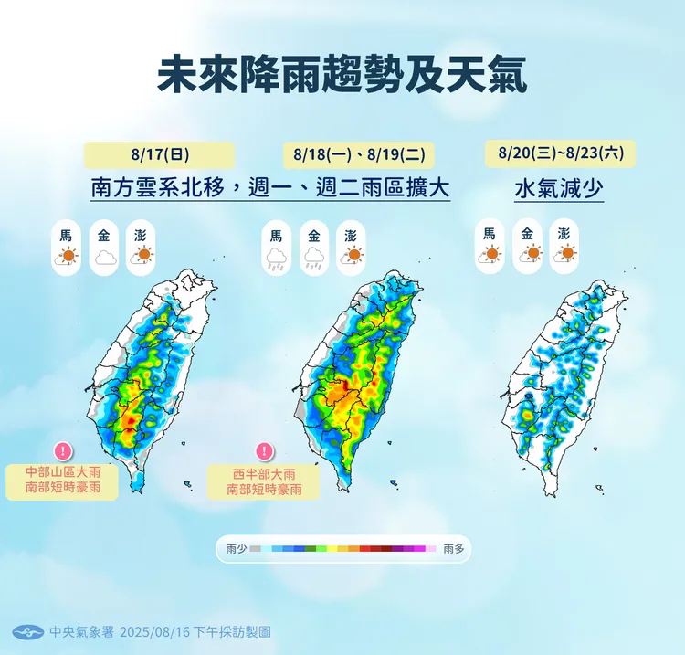 明日午後中部有局部大雨，南部則有局部短延時豪雨須注意。氣象署提供