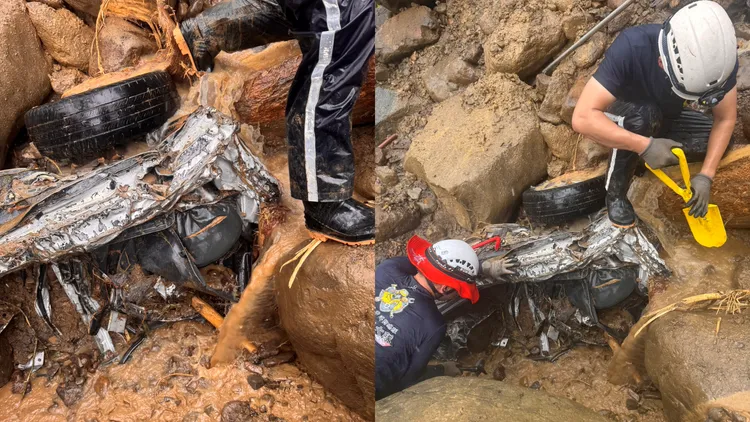 救難人員靠人力挖掘，已經找到墜谷車輛，但並未發現失蹤者。民眾提供