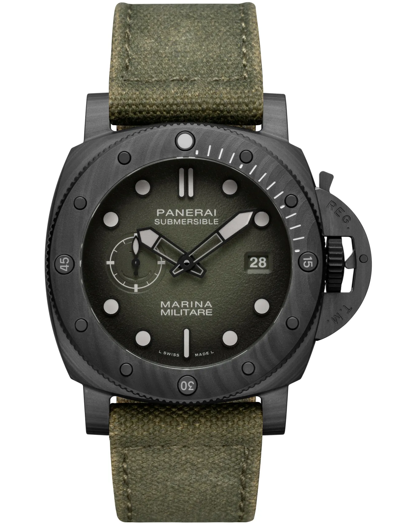 沛纳海Submersible Marina Militare(PAM01698)腕表,44mm,Carbotech碳纤维复合材质表壳,绿色粒纹雾面表盘,绿色帆布表带(另附一款黑色橡胶表带),P.900自动上链机芯,动力储存3日,防水深度300米,60万1000元。品牌提供