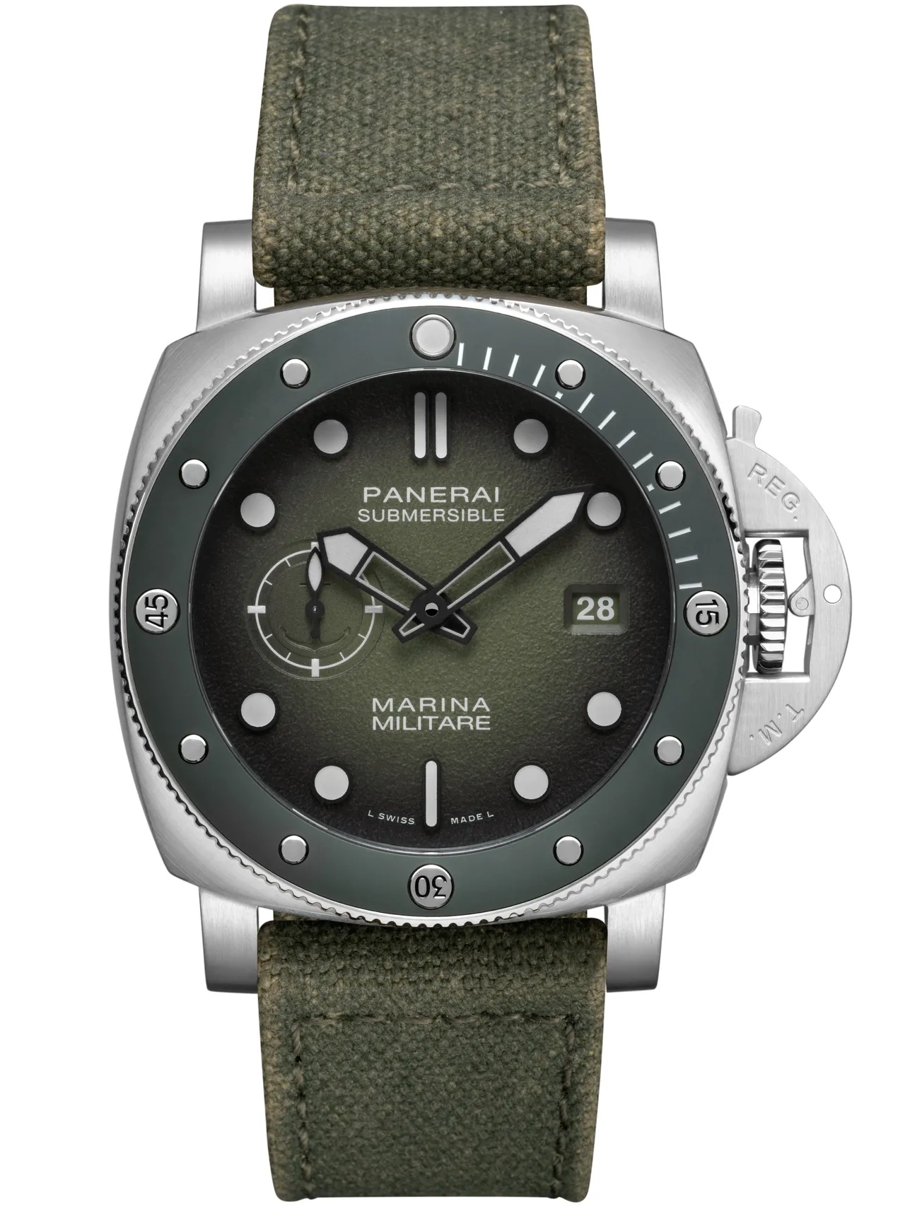 沛纳海Submersible Marina Militare(PAM01697)腕表,44mm,磨砂精钢表壳,绿色粒纹雾面表盘,绿色帆布表带(另附一款黑色橡胶表带),P.900自动上链机芯,动力储存3日,防水深度300米,36万6000元。品牌提供