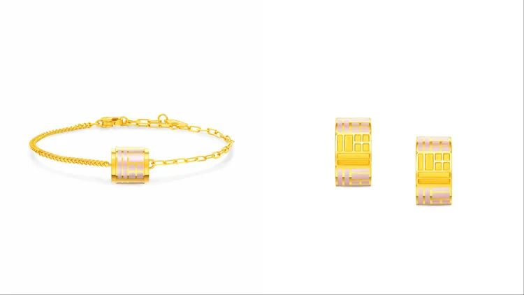 周大福傳福系列黃金粉色鎏彩手鍊（左）3萬5800元、黃金粉色鎏彩耳環（右）4萬7400元。品牌提供