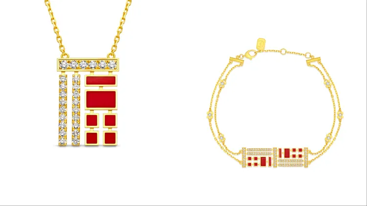 周大福傳福系列18K黃金鑲天然鑽石項鍊（左）5萬8900元起、18K黃金鑲天然鑽石手鍊（右）8萬8200元。品牌提供