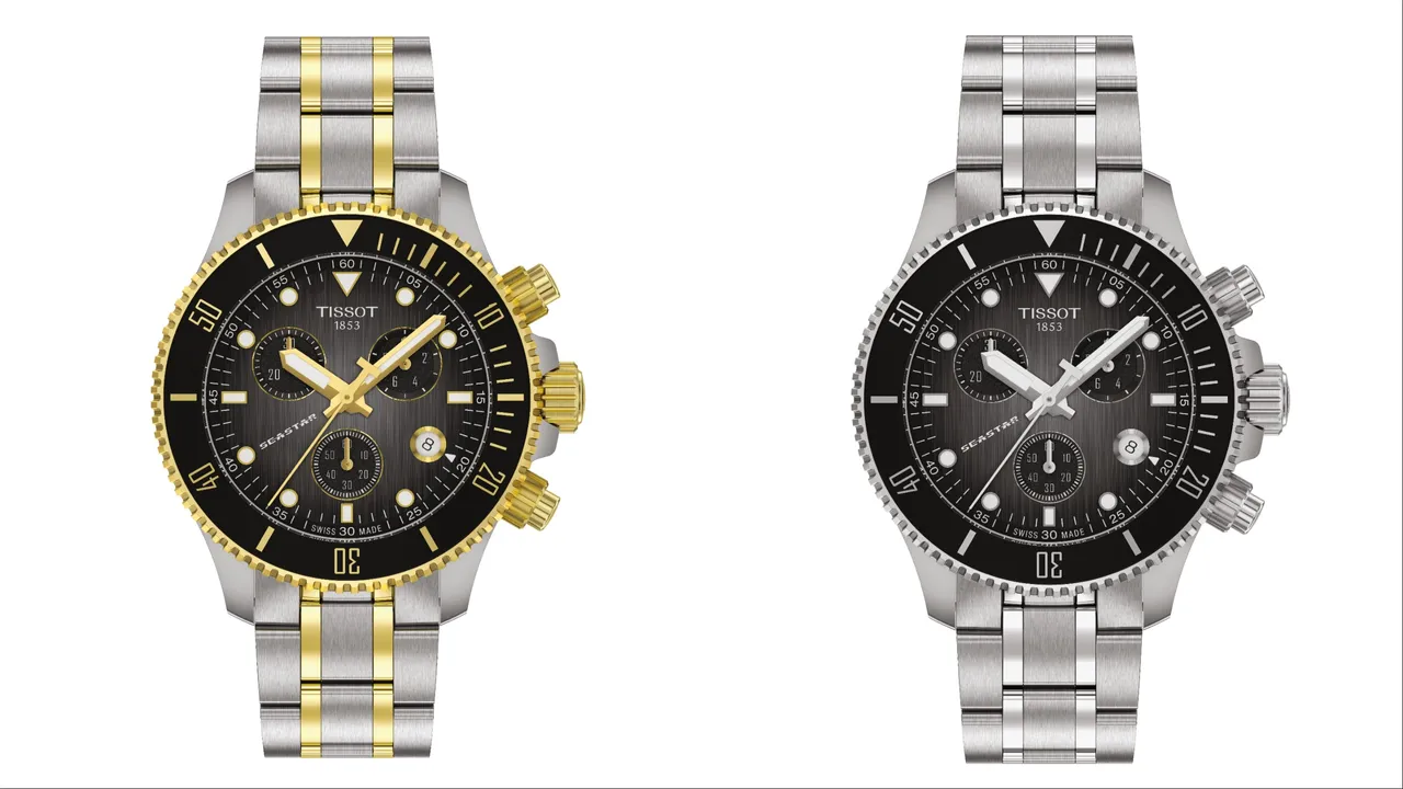 天梭Seastar海星系列石英計時腕錶38mm PVD金(左)1萬9300元、Seastar海星系列石英計時腕錶38mm精鋼款(右)1萬7900元。品牌提供